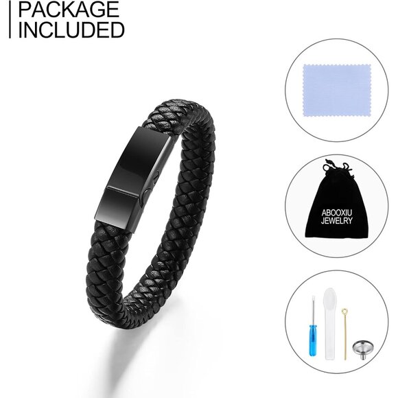 Black Leather Ashes Memorial Bangle - Remembrance Jewelry for Men Women - Picture 7 of 7